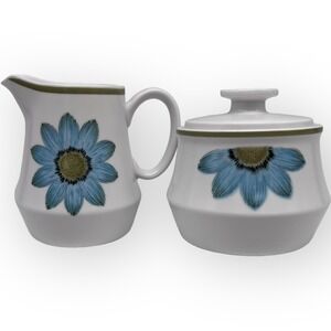 UP-SA DAISY Creamer Sugar Bowl Progression China MCM Vtg Blue Flower Noritake